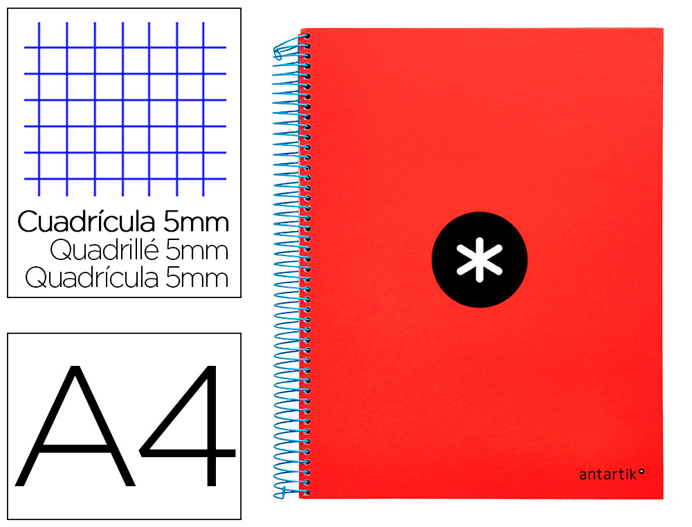 ANTARTIK - CUADERNO ESPIRAL LIDERPAPEL A4 MICRO TAPA FORRADA 120H 100 GR CUADRO5MM 5 BANDAS 4 TALADROS COLOR ROJO (Ref.KD22)