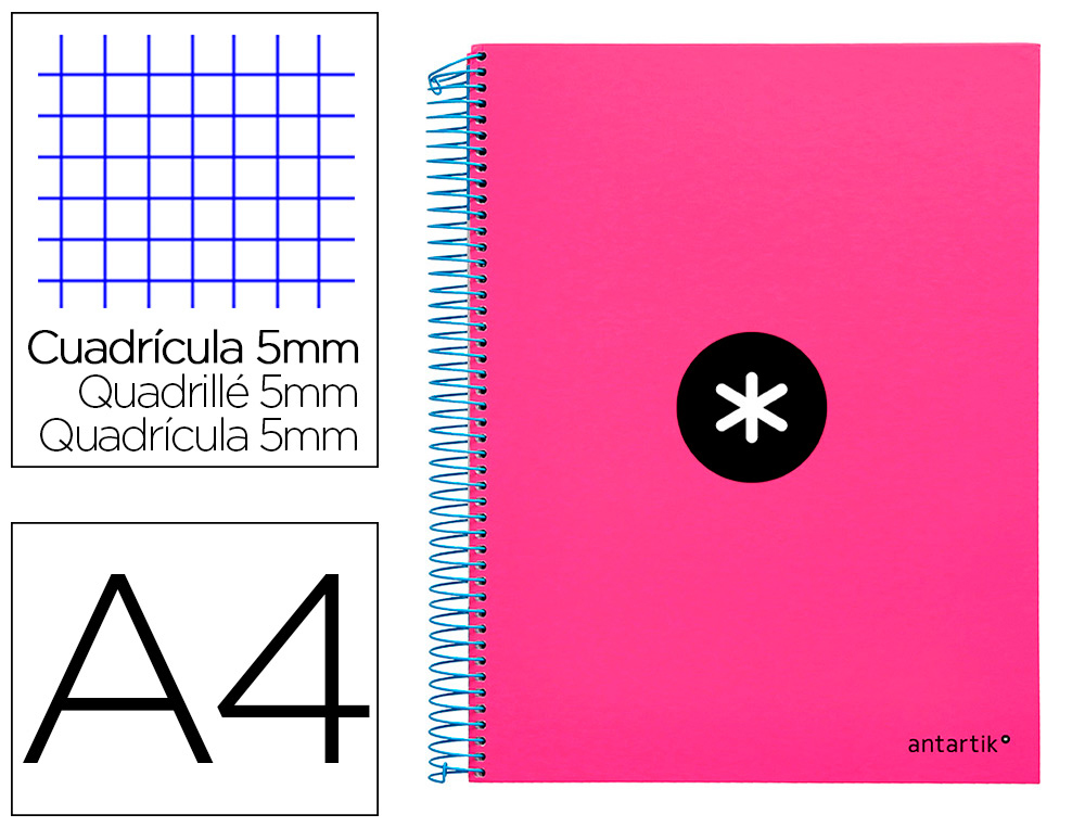 ANTARTIK - CUADERNO ESPIRAL LIDERPAPEL A4 MICRO TAPA FORRADA 120H 100 GR CUADRO5MM 5 BANDAS 4 TALADROS COLOR ROSA (Ref.KD25)