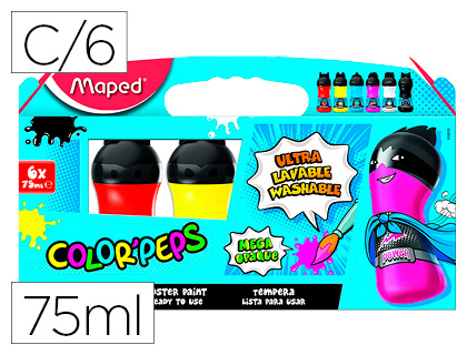 MAPED - Tempera color peps ultra lavable caja de 6 colores surtidos primarios 75 ml (Ref. 810010)