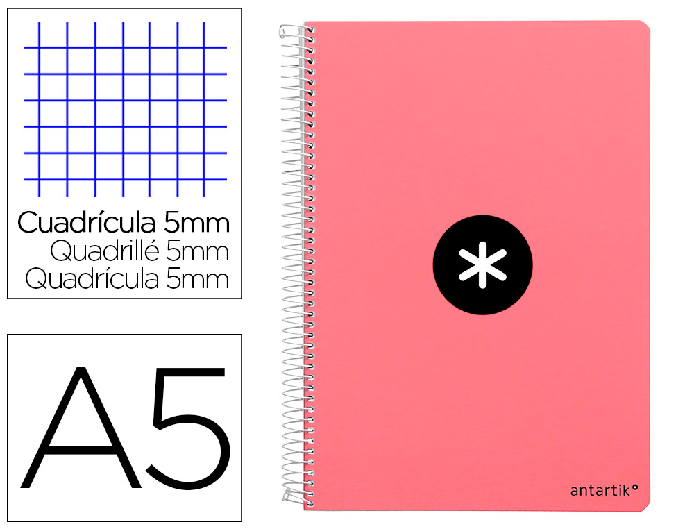 ANTARTIK - Cuaderno espiral liderpapel a5 tapa dura 80h 100 gr cuadro 5mm color coral (Ref. KB05)
