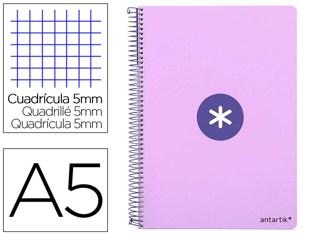 ANTARTIK - Cuaderno espiral liderpapel a5 tapa dura 80h 100 gr cuadro 5mm color lavanda (Ref. KB06)