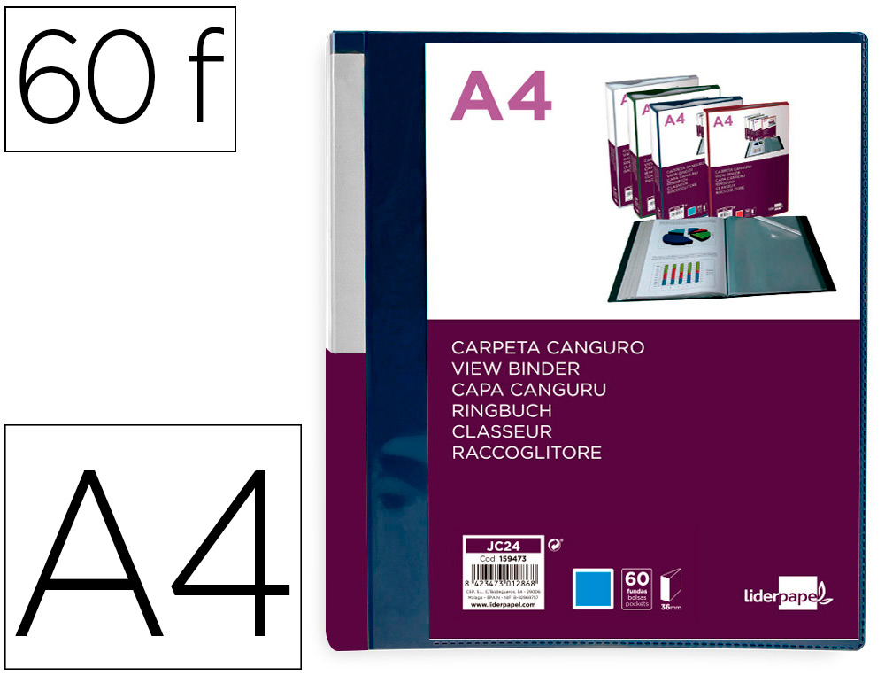 LIDERPAPEL - Carpeta 60 fundas canguro pp din A4 azul translucido portada y lomo personalizable (Ref. JC24)