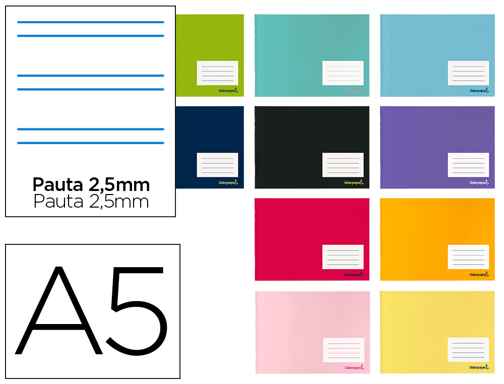 LIDERPAPEL - LIBRETA ESCOLAR 32H A5 APAISADA PAUTA 2,5 MM CON MARGEN COLORES SURTIDOS (Ref.LB60)