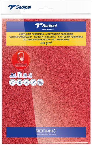 SADIPAL - CARTULINA PURPURINA A4 330g ROJO PAQUETE de 3 (Ref.20308)