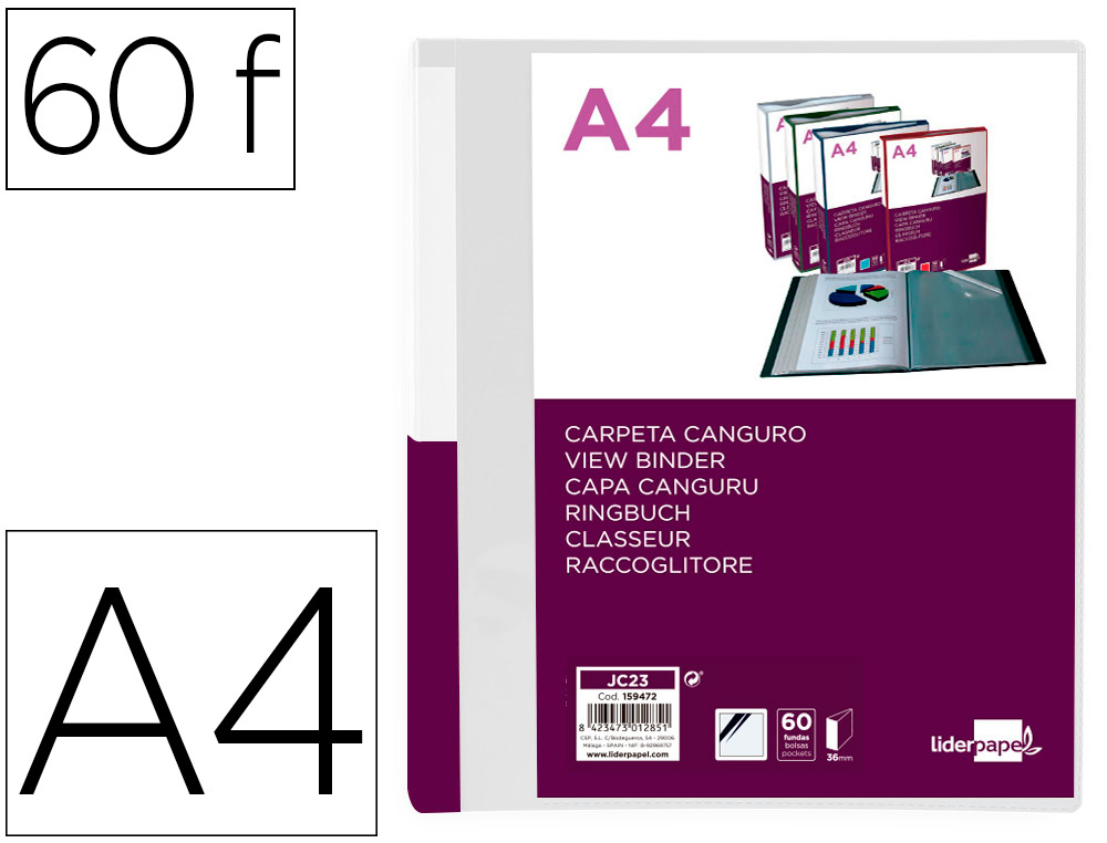 LIDERPAPEL - Carpeta 60 fundas canguro pp din A4 transparenteportada y lomo personalizable (Ref. JC23)