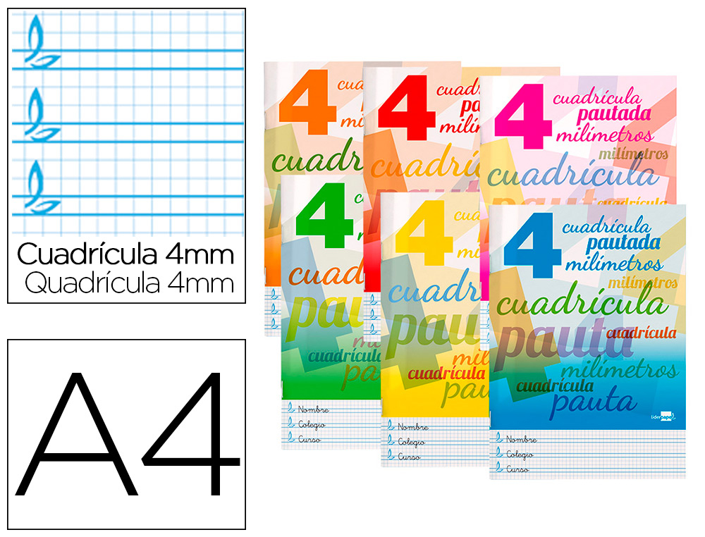 LIDERPAPEL - Libreta pautaguia tapa cartoncillo 32 hojas din A4 70 gr cuadriculado pautado 4 mm (Ref. LB68)