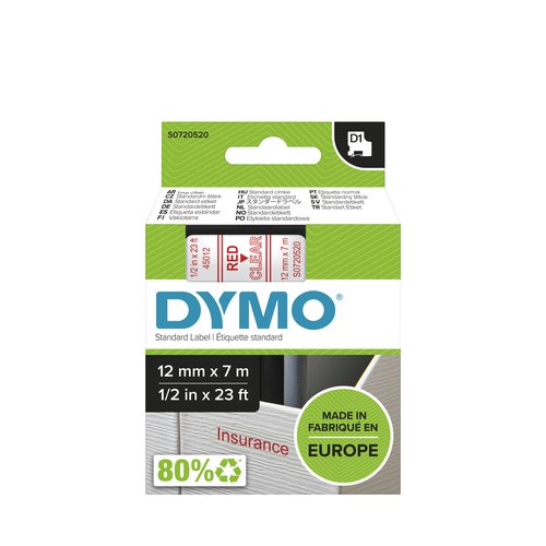 DYMO - Cintas D1 Rotulacion 12mmX7m Rojo/transparente Adhesivo permanente (Ref.S0720520)