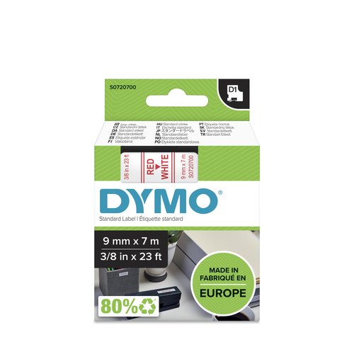 DYMO - Cintas D1 Rotulacion 9mmX7m Rojo/blanco Adhesivo permanente (Ref.S0720700)