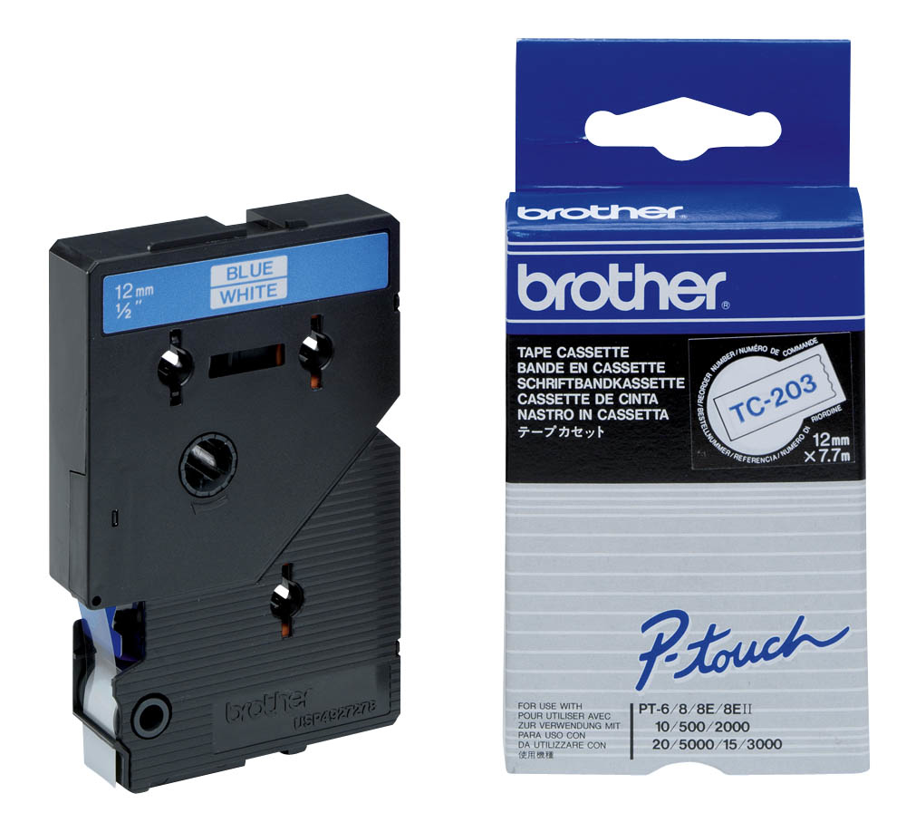 BROTHER - Cinta Rotuladora TC-203 7,7m 12mm Azul/Blanco (Ref.TC203)