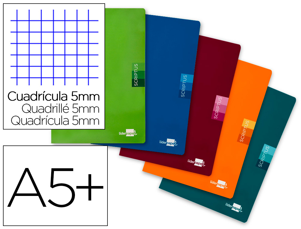 LIDERPAPEL - LIBRETA SCRIPTUS A5 PLUS 48 HOJAS 90G/M2 CUADRO 5MM CON MARGEN COLORES SURTIDOS (Ref.LB63)