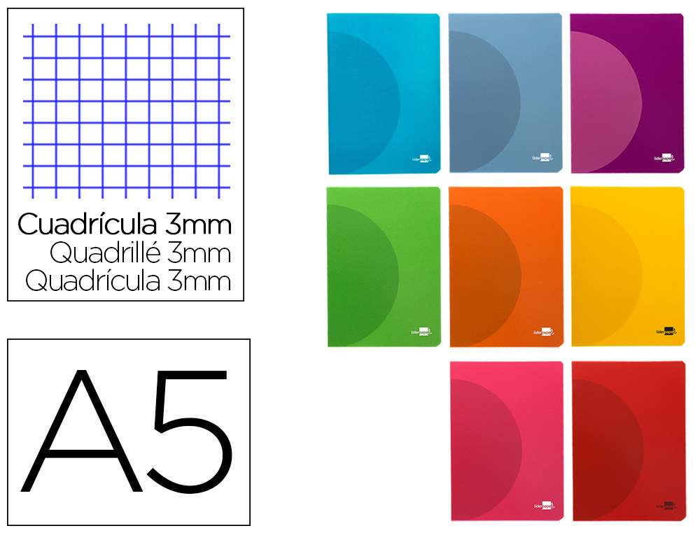 LIDERPAPEL - LIBRETA 360 TAPA DE PLASTICO A5 48 HOJAS 90G/M2 CUADRO 3 MM CON MARGEN COLORES SURTIDOS (Ref.LF21)
