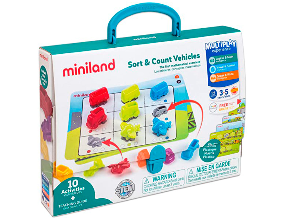 MINILAND - Juego 36 vehiculos y 5 fichas de actividad a doble cara para logica matematica 310x70x531 mm (Ref. 45340)