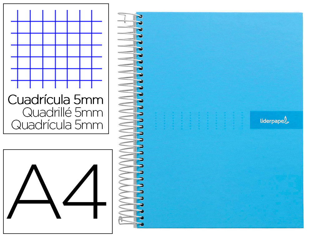 LIDERPAPEL - CUADERNO ESPIRAL A4 MICRO MULTILIDER TAPA FORRADA 140H 80 GR CUADRO 5MM 5 BANDAS 4 TALADROS CELESTE (Ref.BA57)
