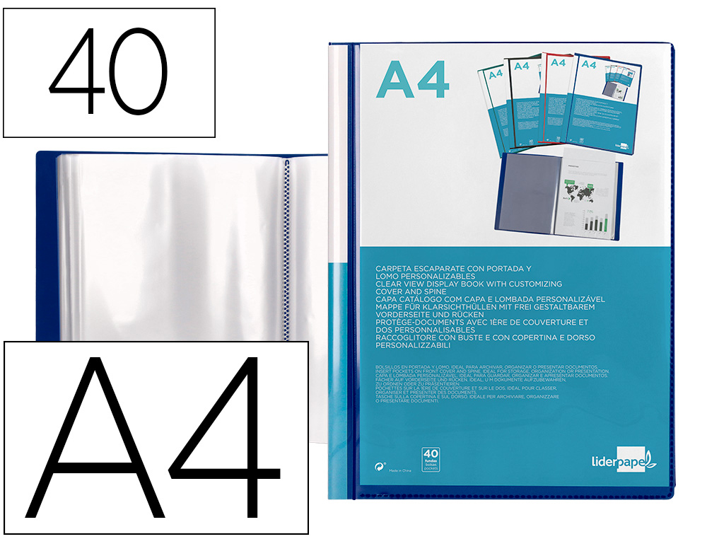 LIDERPAPEL - Carpeta personaliza 40 fundas canguro polipropileno din A4 azul translucido portada y lomo (Ref. JC07)