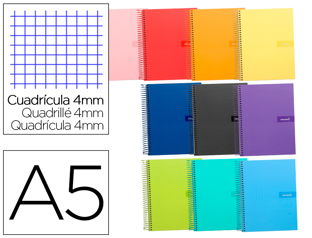 LIDERPAPEL - Cuaderno espiral a5 crafty tapa forrada 80h 90 gr cuadro 4 mm con margen colores surtidos (Ref. BC79)