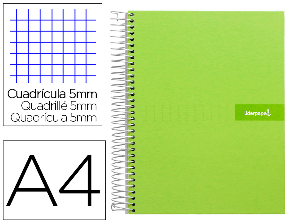 LIDERPAPEL - CUADERNO ESPIRAL A4 MICRO MULTILIDER TAPA FORRADA 140H 80 GR CUADRO 5MM 5 BANDAS 4 TALADROS VERDE (Ref.BA07)