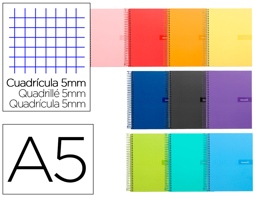 LIDERPAPEL - Cuaderno espiral a5 crafty tapa forrada 80h 90 gr cuadro 5 mm con margen colores surtidos (Ref. BC80)
