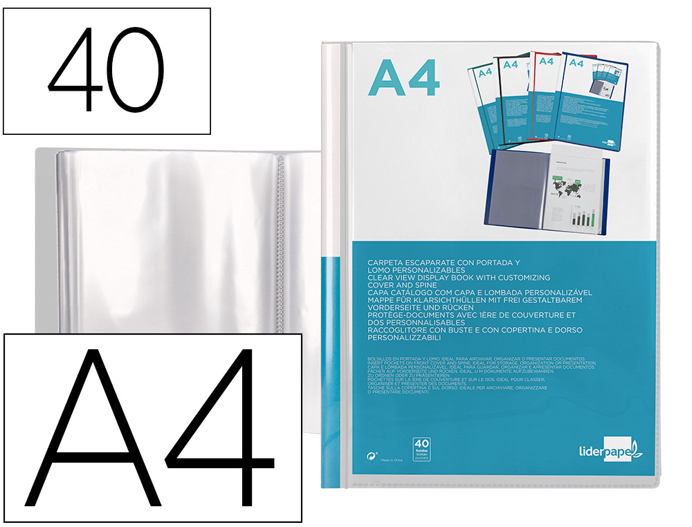 LIDERPAPEL - Carpeta personaliza 40 fundas canguro polipropileno din A4 transparente portada y lomo (Ref. JC05)