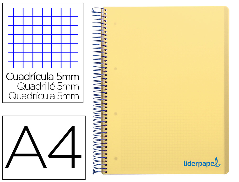 LIDERPAPEL - CUADERNO ESPIRAL A4 MICRO THINK TAPA PLASTICO 140H 80 GR CUADRO 5MM 5 BANDAS 4 TALADROS AMARILLO (Ref.BA20)
