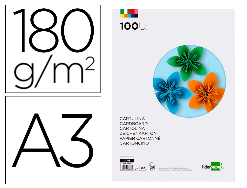 LIDERPAPEL - CARTULINA A3 180G/M2 10 COLORES SURTIDOS PAQUETE 100 HOJAS (Ref.CD08)