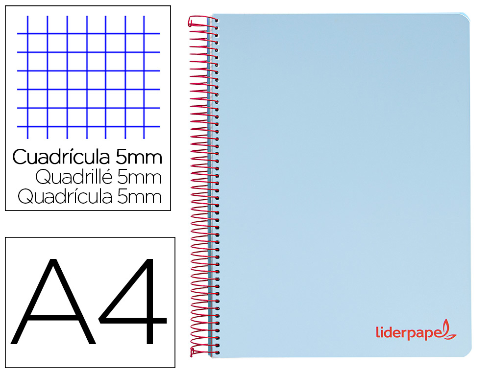 LIDERPAPEL - CUADERNO ESPIRAL A4 MICRO THINK TAPA PLASTICO 140H 80 GR CUADRO 5MM 5 BANDAS 4 TALADROS AZUL (Ref.BA15)