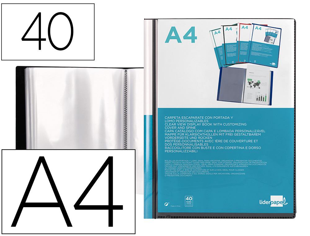 LIDERPAPEL - CARPETA ESCAPARATE 37735 40 FUNDAS CANGURO POLIPROPILENO DIN A4 NEGRA PORTADA Y LOMO PERSONALIZABLE (Ref.CJ61)