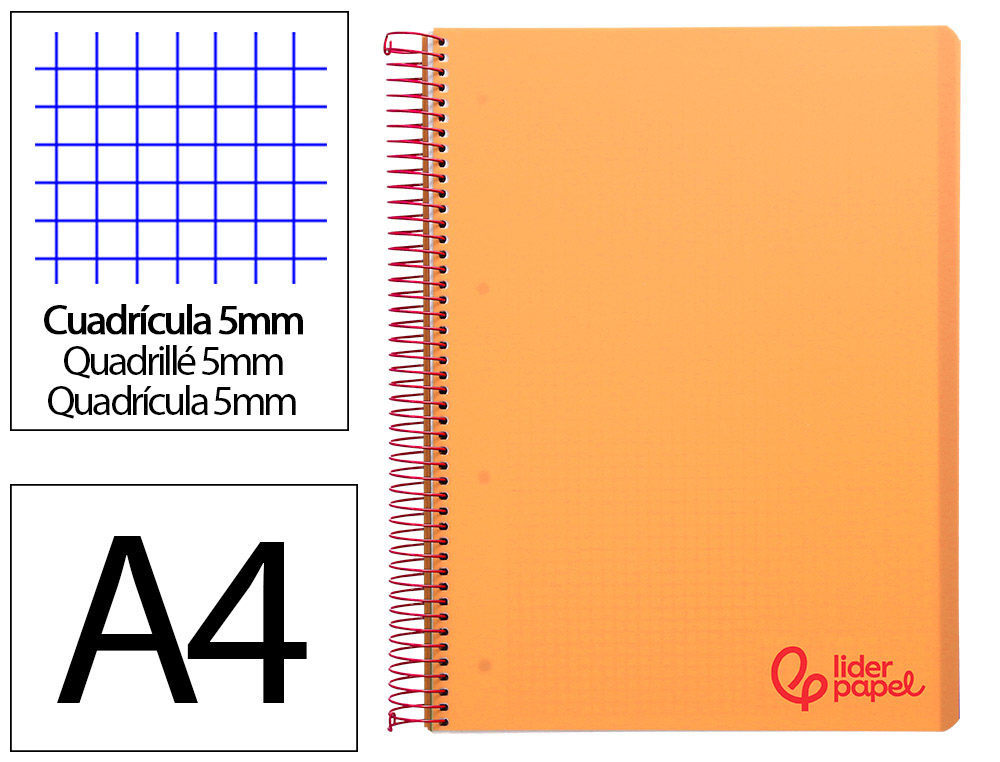 LIDERPAPEL - CUADERNO ESPIRAL A4 MICRO THINK TAPA PLASTICO 140H 80 GR CUADRO 5MM 5 BANDAS 4 TALADROS NARANJA (Ref.BA18)