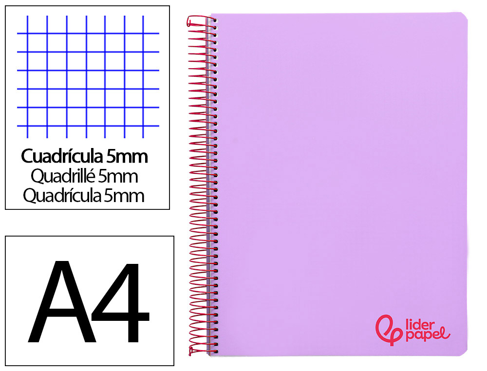 LIDERPAPEL - CUADERNO ESPIRAL A4 MICRO THINK TAPA PLASTICO 140H 80 GR CUADRO 5MM 5 BANDAS 4 TALADROS VIOLETA (Ref.BA19)