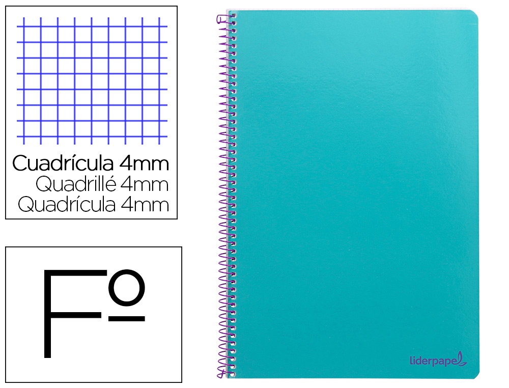 LIDERPAPEL - Cuaderno espiral folio smart tapa blanda 80h 60gr cuadro 4mm con margen color turquesa (Ref. BF98)