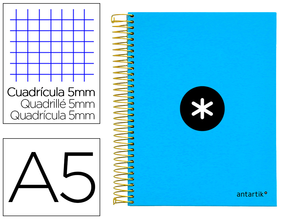 ANTARTIK - CUADERNO ESPIRAL LIDERPAPEL A5 MICRO TAPA FORRADA 120H 100 GR CUADRO5MM 5 BANDAS 6 TALADROS COLOR AZUL (Ref.KD31)