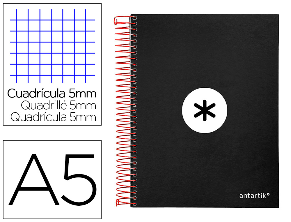 ANTARTIK - CUADERNO ESPIRAL LIDERPAPEL A5 MICRO TAPA FORRADA 120H 100 GR CUADRO5MM 5 BANDAS 6 TALADROS COLOR NEGRO (Ref.KD40)