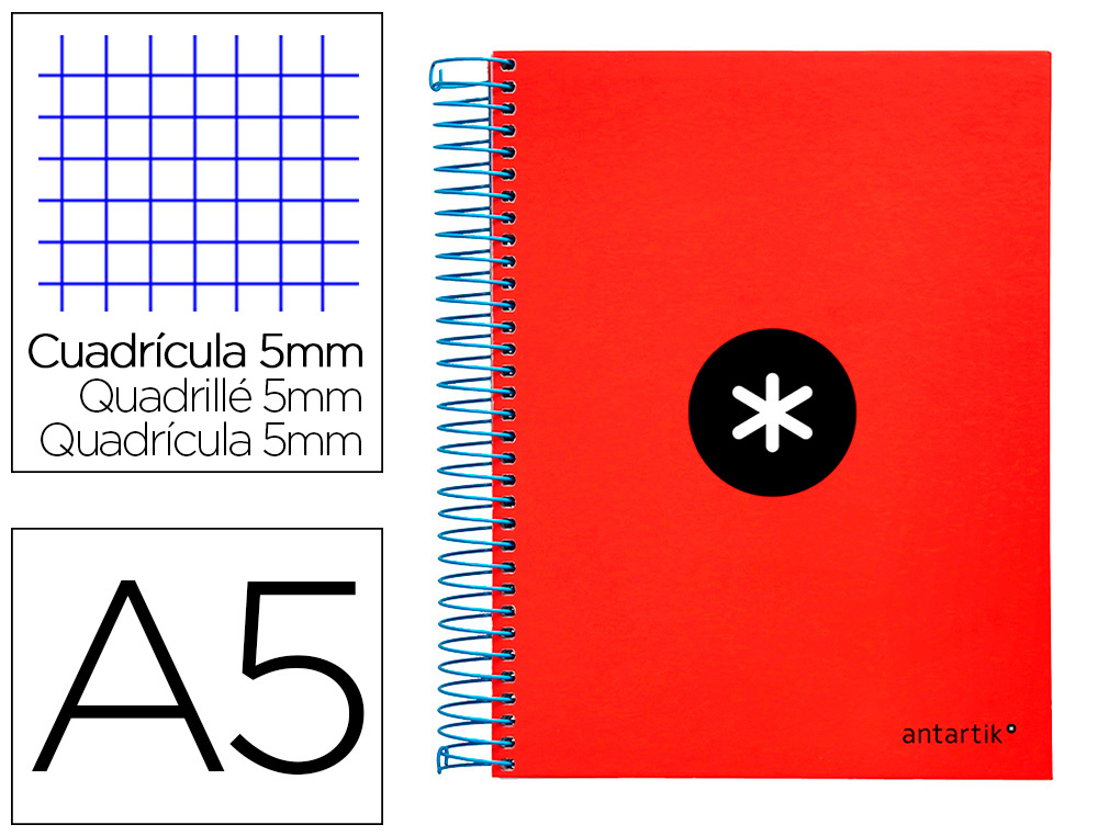 ANTARTIK - CUADERNO ESPIRAL LIDERPAPEL A5 MICRO TAPA FORRADA 120H 100 GR CUADRO5MM 5 BANDAS 6 TALADROS COLOR ROJO (Ref.KD32)