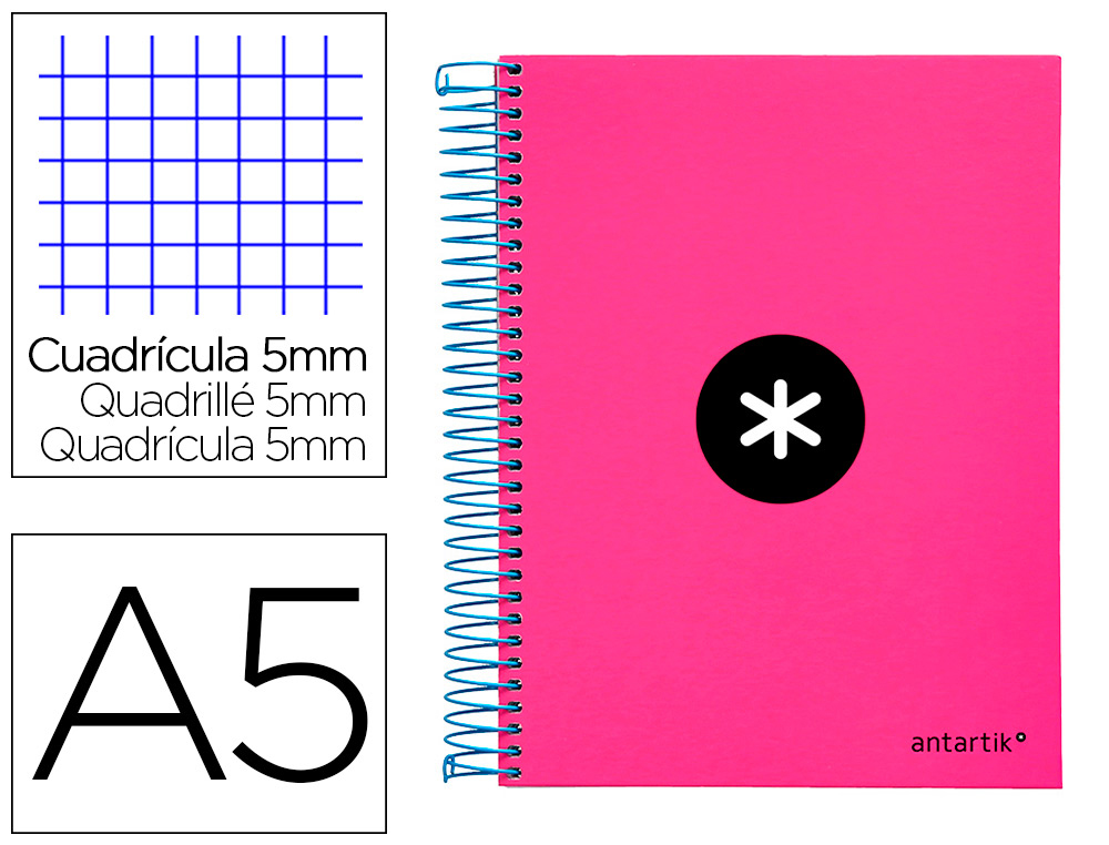ANTARTIK - CUADERNO ESPIRAL LIDERPAPEL A5 MICRO TAPA FORRADA 120H 100 GR CUADRO5MM 5 BANDAS 6 TALADROS COLOR ROSA (Ref.KD35)
