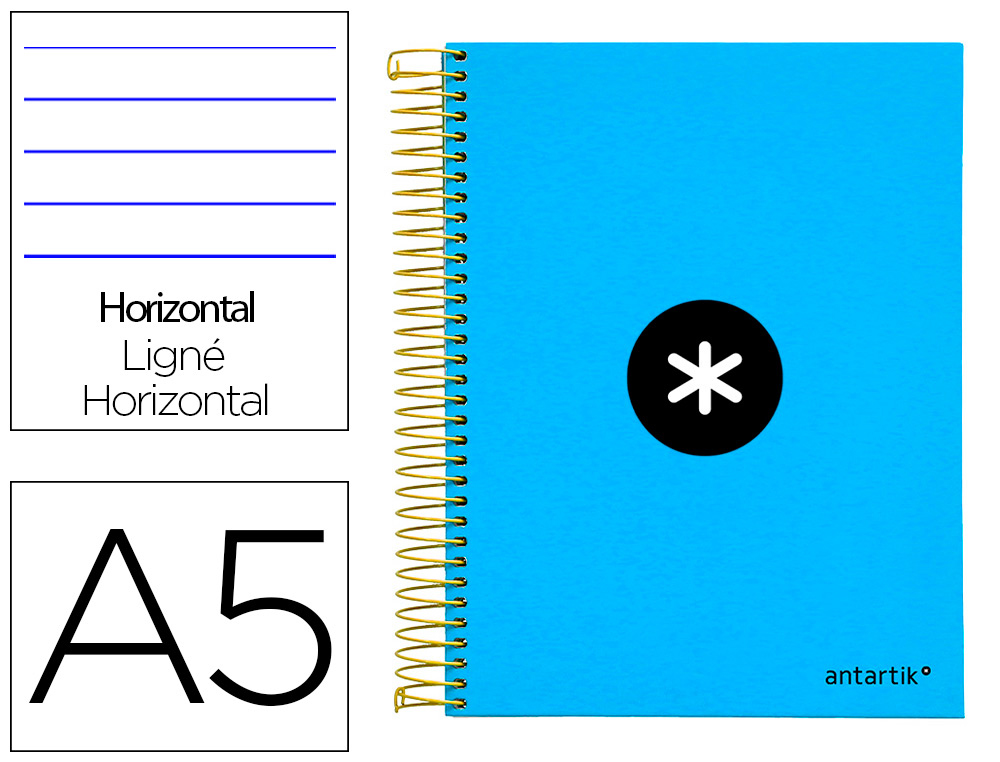ANTARTIK - CUADERNO ESPIRAL LIDERPAPEL A5 MICRO TAPA FORRADA 120H 100 GR HORIZONTAL 5 BANDAS 6 TALADROS COLOR AZUL (Ref.KD11)