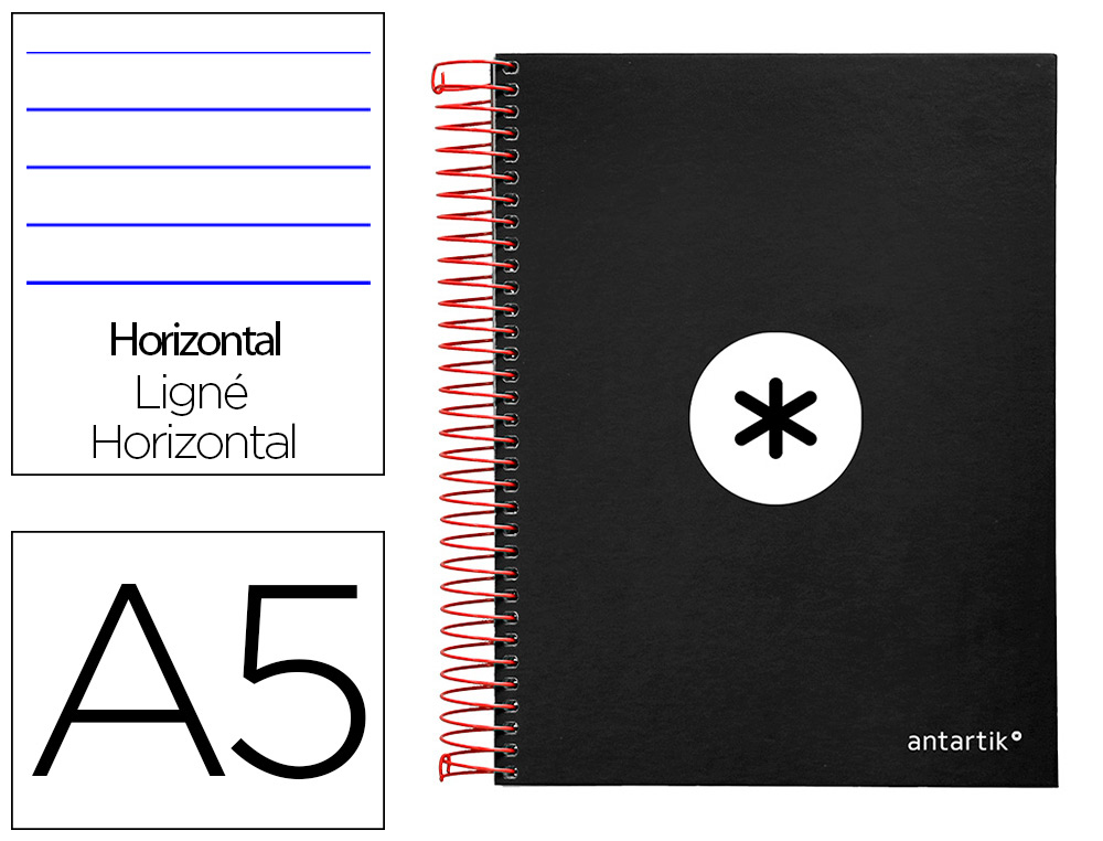 ANTARTIK - CUADERNO ESPIRAL LIDERPAPEL A5 MICRO TAPA FORRADA 120H 100 GR HORIZONTAL 5 BANDAS 6 TALADROS COLOR NEGRO (Ref.KD20)