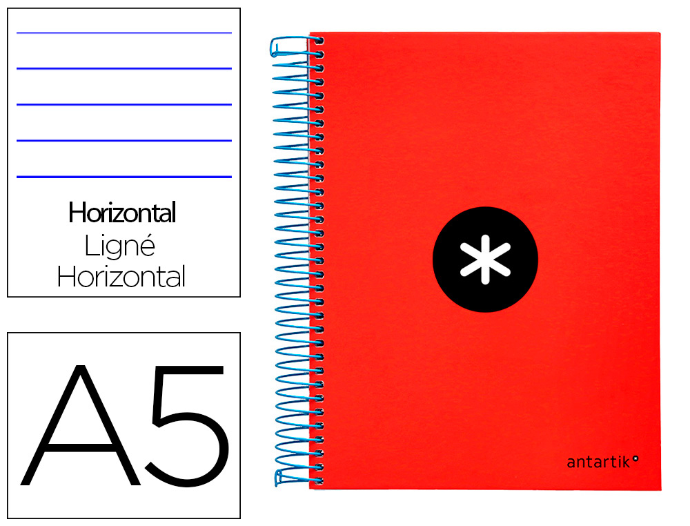 ANTARTIK - CUADERNO ESPIRAL LIDERPAPEL A5 MICRO TAPA FORRADA 120H 100 GR HORIZONTAL 5 BANDAS 6 TALADROS COLOR ROJO (Ref.KD12)
