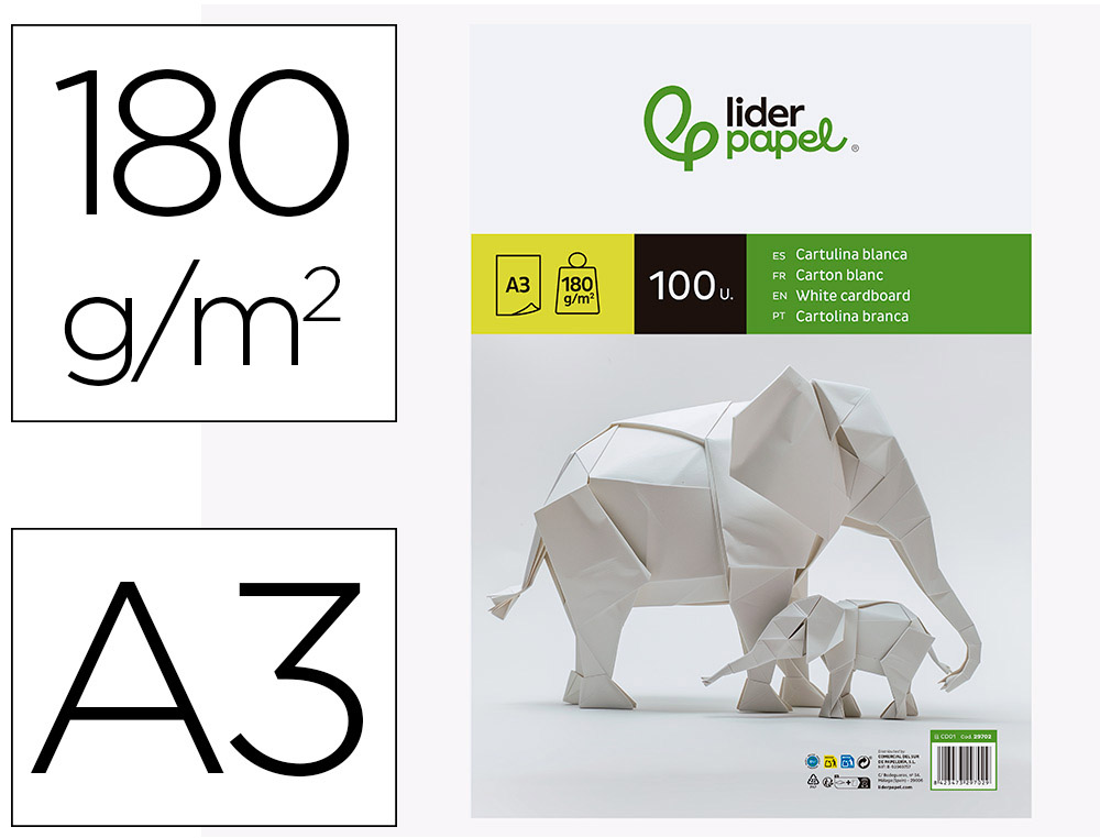 LIDERPAPEL - CARTULINA A3 180G/M2 BLANCO PAQUETE DE 100 (Ref.CD01)