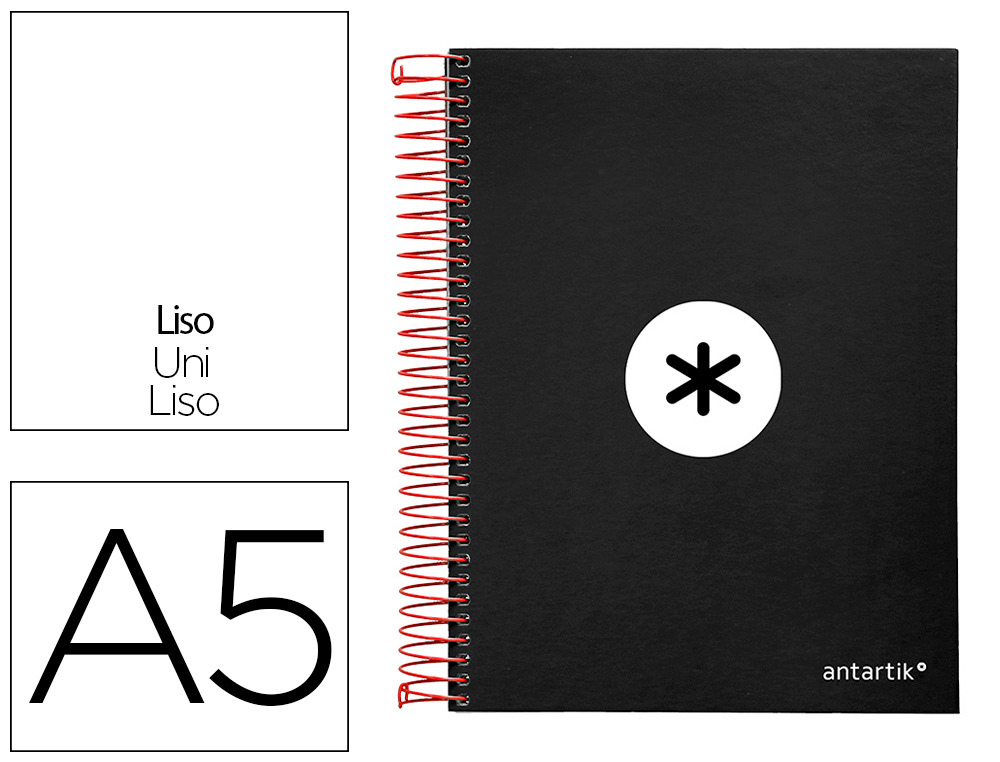 LIDERPAPEL - CUADERNO ESPIRAL A5 MICRO ANTARTIK TAPA FORRADA 120 H 100G LISO CON BANDAS 6 TALADROS COLOR NEGRO (Ref.KD60)