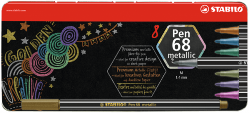 STABILO - ROTULADOR FIBRA PEN 68 METALLIC ESTUCHE DE METAL DE 8
(1x Plata, 1x Cobre, 1x Dorado, 1x Azul metalico, 1x Verde metalico. 1x Rosa metalico, 1x Lila metalico, 1xVerde claro metalico) (Ref.1792855)
