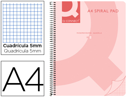 Q-CONNECT - CUADERNO ESPIRAL Q CONNECT A4 MICRO TAPA PLASTICO 80H 70G CUADRO 5MM SIN BANDAS 4 TALADROS ROSA (Ref.KF10032)