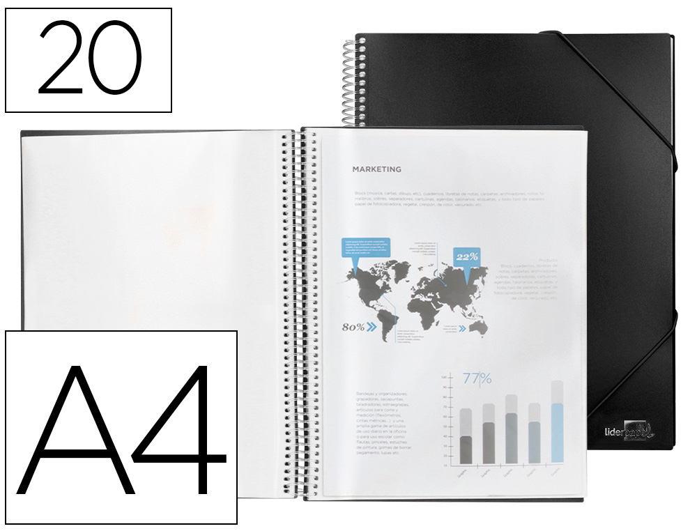LIDERPAPEL - CARPETA ESCAPARATE CON ESPIRAL 20 FUNDAS POLIPROPILENO DIN A4 NEGRO (Ref.EC30)