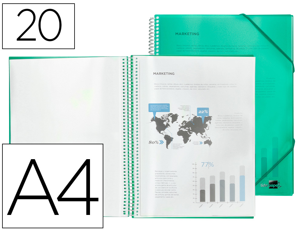 LIDERPAPEL - CARPETA ESCAPARATE CON ESPIRAL 20 FUNDAS POLIPROPILENO DIN A4 VERDE (Ref.EC07)