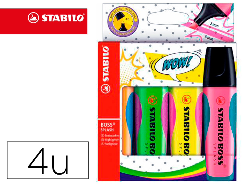STABILO - Rotulador boss splash 75 estuche de 4 unidades colores surtidos (Ref. 75/4)