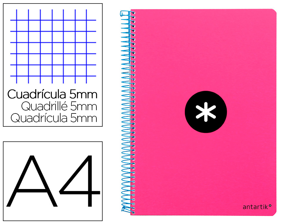 ANTARTIK - CUADERNO ESPIRAL LIDERPAPEL FOLIO TAPA DURA 80H 100 GR CUADRO 4MM CON MARGENCOLOR ROSA FLUOR (Ref.KE05)