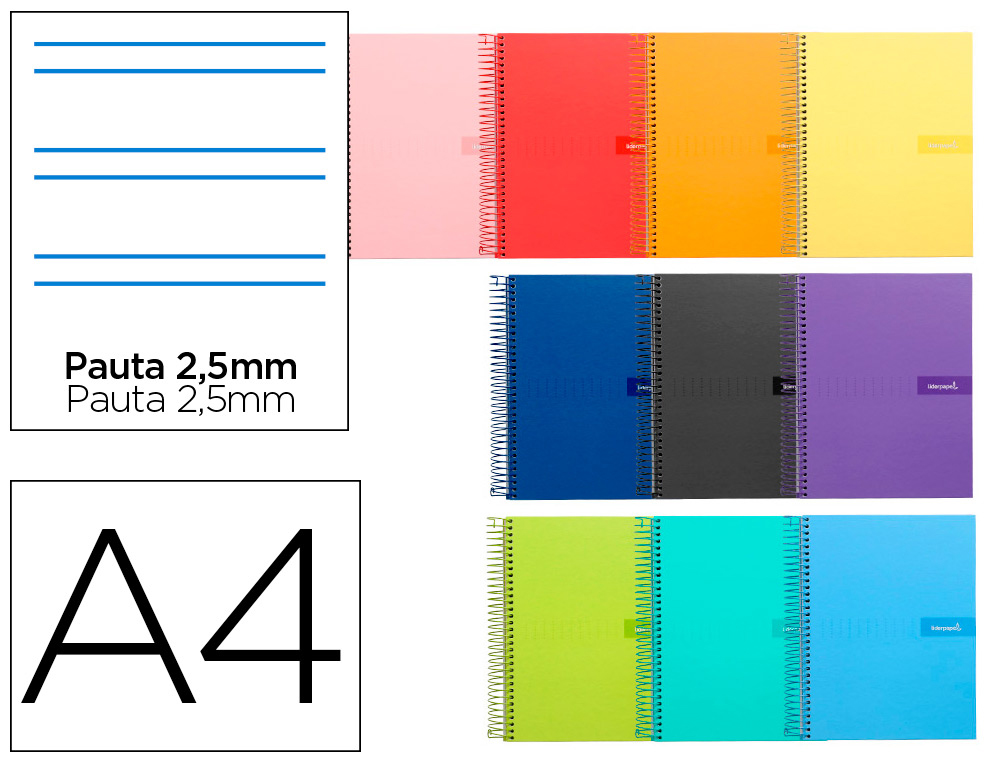 LIDERPAPEL - CUADERNO ESPIRAL FOLIO MULTILIDER TAPA FORRADA 80H 80 GR PAUTA 2,5MM CON MARGEN COLORES SURTIDOS (Ref.BF51)