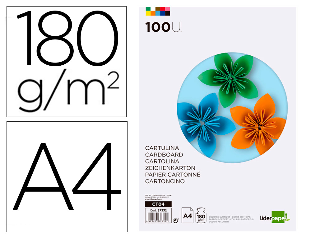 LIDERPAPEL - CARTULINA A4 180G/M2 10 COLORES SURTIDOS PAQUETE DE 100 (Ref.CT04)