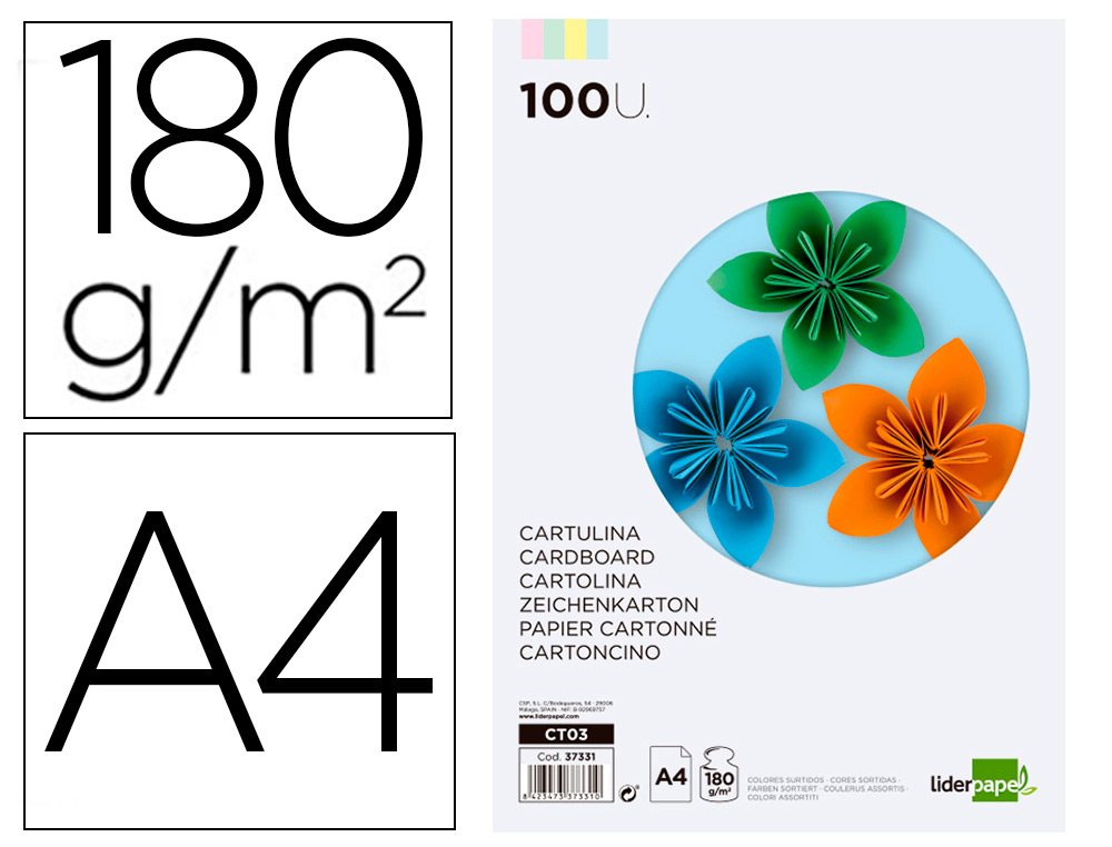 LIDERPAPEL - CARTULINA A4 180G/M2 4 COLORES SURTIDOS PAQUETE DE 100 (Ref.CT03)