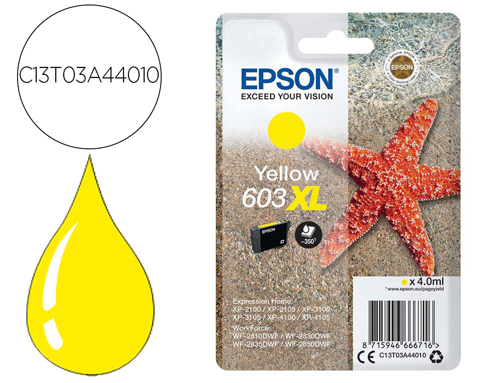EPSON - Ink-jet 603xl xp-2100 / 2105 / 3100 / 4100 / wf-2810 / 2830 / 2835 / 2850 amarillo 350 paginas (Ref. C13T03A44010)