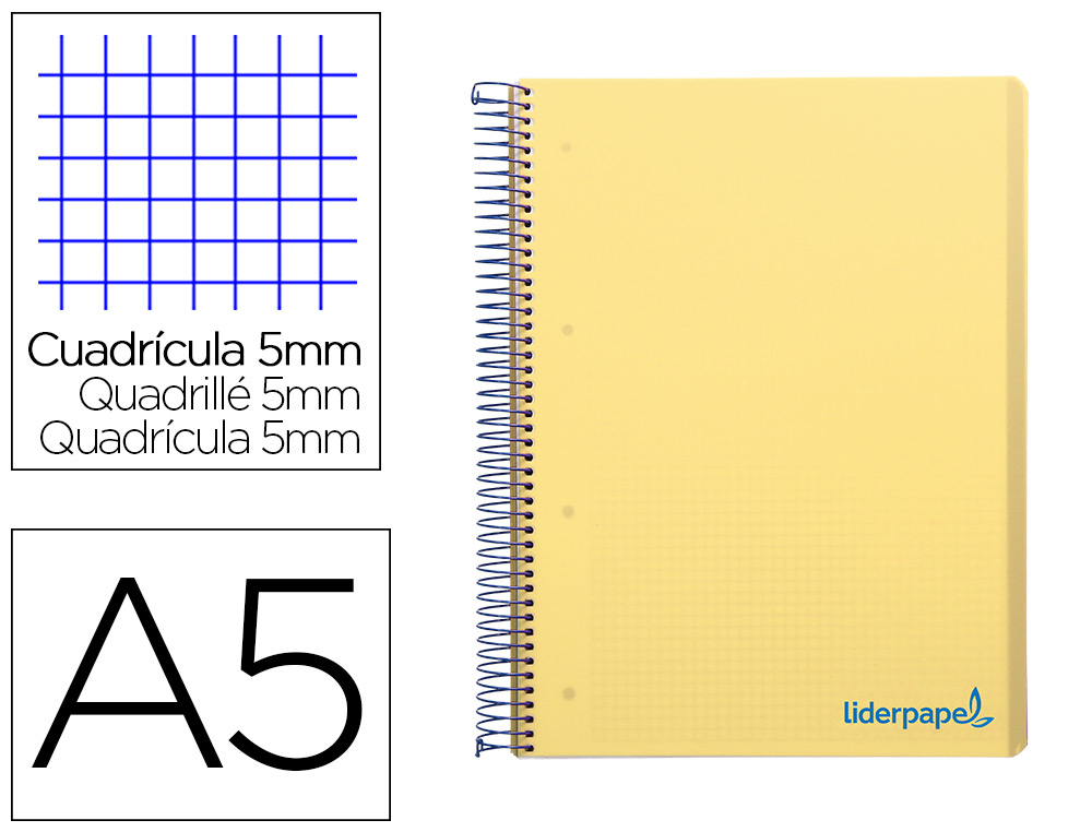 LIDERPAPEL - CUADERNO ESPIRAL A5 MICRO THINK TAPA PLASTICO 160H 80 GR CUADRO 5MM 5 BANDAS 6 TALADROS AMARILLO (Ref.BJ19)