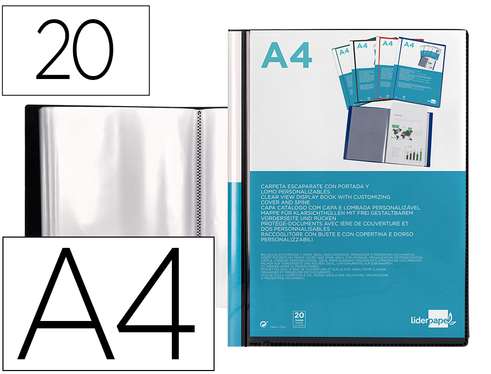 LIDERPAPEL - CARPETA ESCAPARATE 37715 20 FUNDAS CANGURO POLIPROPILENO DIN A4 NEGRA PORTADA Y LOMO PERSONALIZABLE (Ref.CJ57)